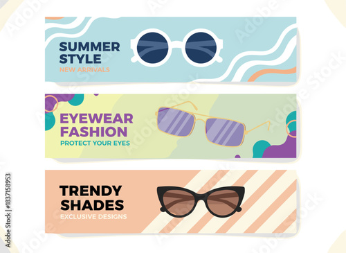 A collection of promotional banners featuring contemporary sunglasses, with horizontal backgrounds showcasing stylish eyewear, presented as ad templates and colored flat vector illustrations