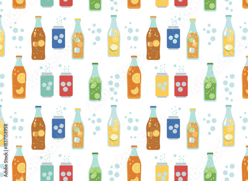 A seamless pattern featuring drinks, including soda and juice in glass bottles and cans, set against an endless background of cold summer beverages and lemonades, rendered as a colored flat vector