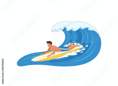 A man in a swimsuit lies on a surfboard while paddling through waves, depicted as a flat vector cartoon of a sportsman on a white background