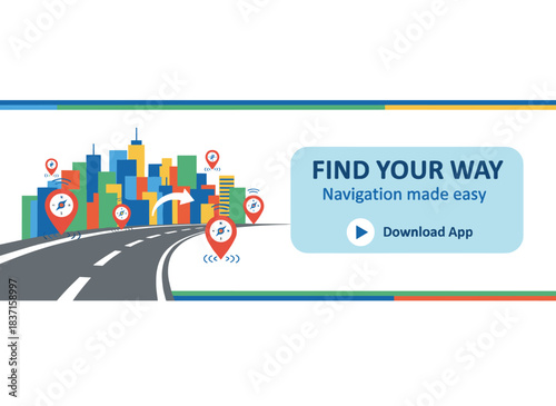 A vibrant horizontal banner template featuring a highway or road traversing a city, marked with map pins or location icons, and a space for text. Contemporary vector illustration promoting a