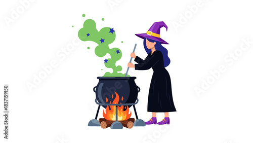 Pixel Art Witch Stirring Cauldron Over Campfire Under Dark Sky with Green Smoke and Blue Sparkles