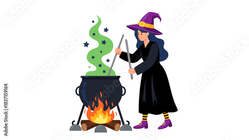 Pixel Art Witch Stirring Cauldron with Green Potion Under Purple Hat and Orange Firelighting Halloween Celebration