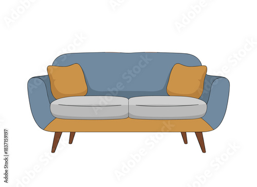 A sleek, cozy sofa set against a white backdrop, showcasing modern furniture suitable for both home and office interiors, depicted as a flat vector cartoon illustration of a plush luxury couch