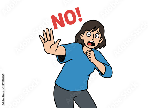 A frightened woman waves her palm to signal stop, while a terrified girl, mute and deaf, displays a warning sign, saying no and refusing, all depicted in a flat vector illustration on a white