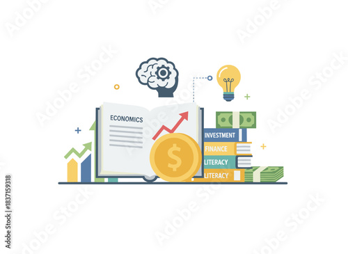 Education in finance and business, the study of economics, and the concept of financial literacy. Books covering the economy, investment knowledge, and the structure of money. A flat vector
