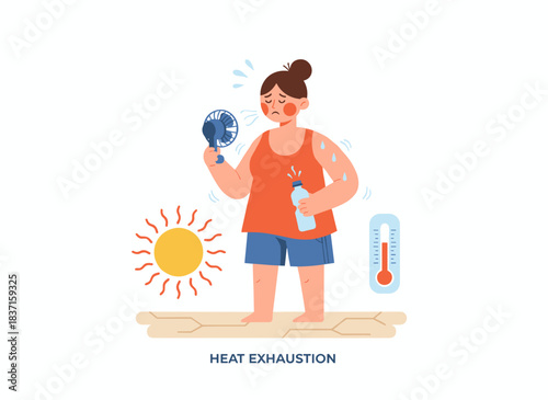 A woman sweats under the heat, exhausted and overheated, using a handheld fan and a water bottle in scorching summer weather, illustrating dehydration, sunstroke, and fatigue in a flat vector image