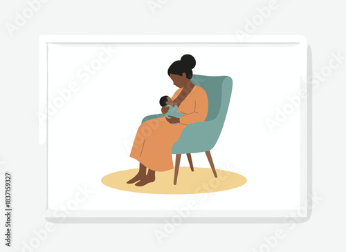 A dark-skinned mother is nursing her newborn while seated in an armchair, depicted in a flat vector illustration against a white background
