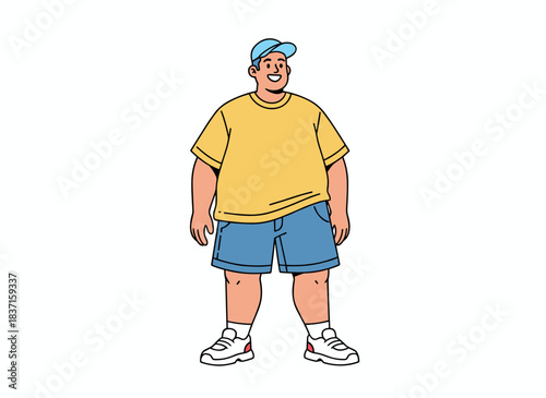 A cheerful young man with a robust, plus‑size figure, wearing loose summer shorts, a cap, and sneakers, smiles in a flat vector illustration set against a white background