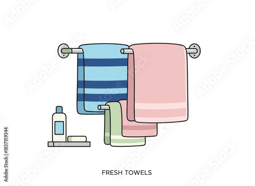 Illustrations of pristine towels in vector form, featuring dry, soft towels displayed on a hanger, along with domestic hygiene items for bath and shower, and striped pink hand towels set against a