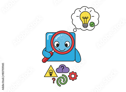 Adorable geometric shapes are being searched, sparking new ideas. A whimsical geometry figure peers through a magnifying glass. It involves research and analytical concepts. The illustration is a