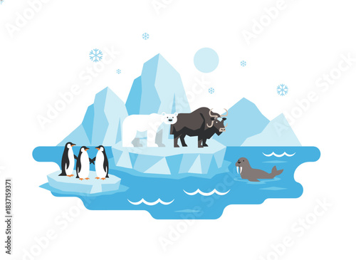 Illustration of Arctic wildlife and the North Pole landscape, featuring polar bears, muskoxen, penguins, walruses, and seals, alongside Antarctic biodiversity in a cold, glacial ecosystem, rendered