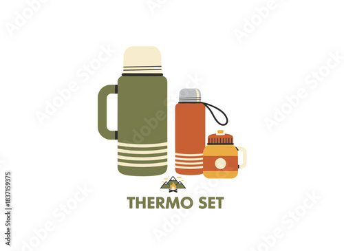 Retro thermos collection featuring insulated vacuum bottles for hot drinks and tea, vintage-style thermal flasks and termo vessels ideal for camping, hiking, and travel, presented as a flat vector