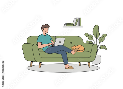 A freelancer lounges on a couch, working remotely on a laptop, illustrated in flat vector style. He relaxes in his living room, chatting on social networks or surfing the internet alone. He spends