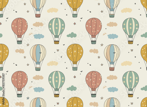 This vintage, child‑friendly hot air balloon wallpaper showcases a seamless, repeating pattern ideal for wrapping paper or textile design, complete with a textured backdrop and a flat vector cartoon