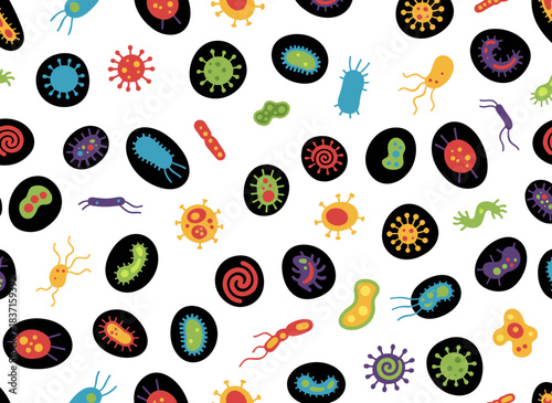 A seamless pattern featuring diverse microorganisms set against a black backdrop—germs, pathogens, protozoa, microbes, bacteria, and viruses—depicted in a vibrant flat vector style suitable for