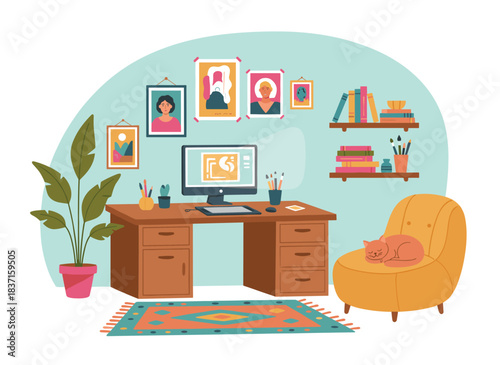 A vibrant interior illustration of an artist's apartment, featuring a creative workspace, computer, artwork, a houseplant, and a cat, all rendered in flat vector style