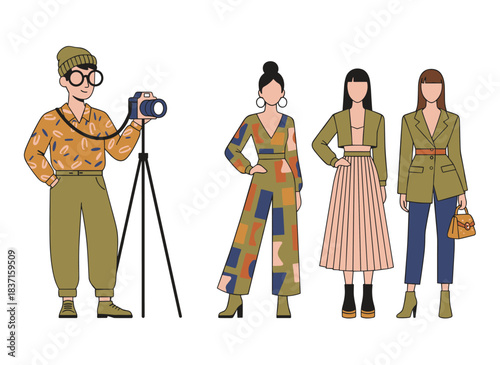 A collection of flat vector illustrations featuring people in trendy attire, showcasing stylish male and female models as isolated design elements against a white backdrop, curated by a fashion