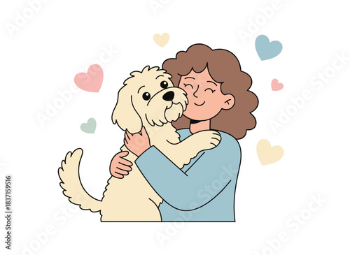 A joyful dog held by its owner, embraced lovingly, depicted in a portrait of a woman and her Labradoodle companion, rendered as a flat vector illustration on a white background