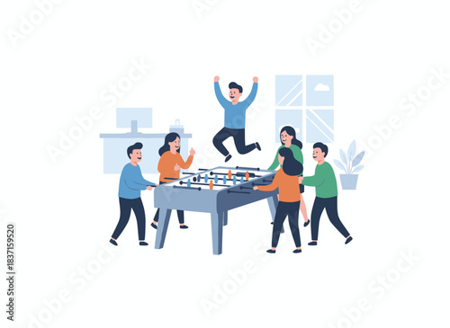Joyful employees engage in office games, enjoying foosball or a soccer table together, showcasing a corporate entertainment idea with a bright flat vector illustration set against a white backdrop