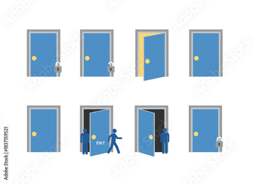 A sequence of door opening and closing stages for animation, featuring a doorway with a doorknob that can be locked, unlocked, or ajar, and showing entry and exit within the doorframe, rendered as a