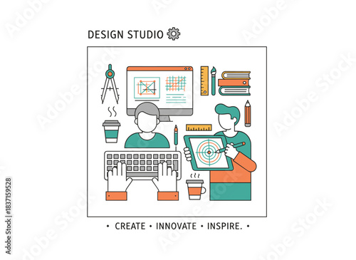 Square banner template featuring graphic design or digital art tools, with designers typing on keyboards or drawing on tablets, plus stationery or office supplies; illustrated as a vector in modern
