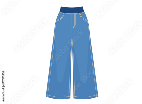 Wide‑legged denim trousers. High‑waist jeans in a casual style. Comfortable, contemporary women's apparel. A fashion palazzo garment. A flat vector illustration set against a white background