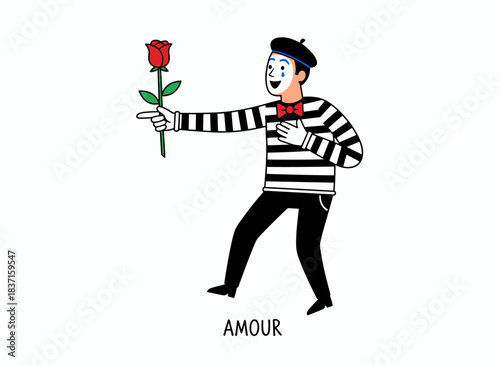 A French mime presents a flower while a comic artist delivers a romantic comedy pantomime holding a rose, all rendered as a silent, deaf comedian actor in a flat vector illustration on a white