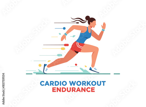 A female sprinter dashes swiftly, an athletic woman actively sprinting, engaging in cardio endurance training, depicted as a sport girl in a flat vector illustration against a white background