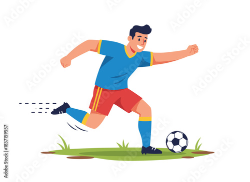 A footballer strikes the ball with his leg, an energetic and joyful athlete sprinting across the field, depicted as a professional in dynamic motion; a flat vector illustration set against a white