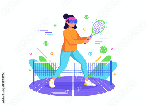 A young woman wearing futuristic goggles plays tennis in a virtual reality simulation, depicted as a colorful flat cartoon vector illustration set against a white background