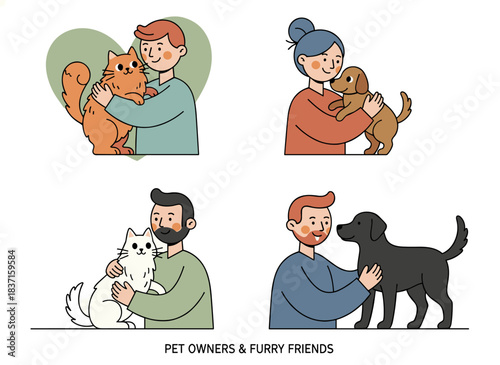 Owners of pets, along with their dogs and cats, are featured. Joyful people embrace and hold adorable canines and felines affectionately. Humans and their furry companions. A flat vector illustration