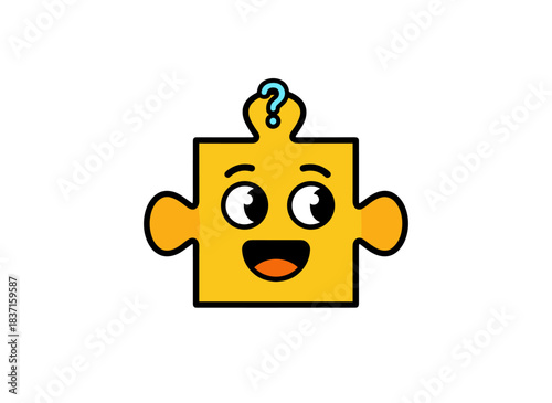A smiling puzzle character gazes to the side, watching curiously. It features a cute, funny emoji with inquisitive eyes and a joyful, playful look. The flat vector illustration stands alone on a