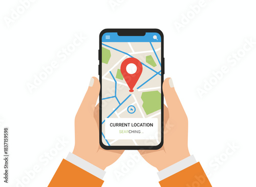 A mobile phone screen shows a map app, with hands holding the device while using GPS and navigation to locate a position and drop a pin, depicted as a flat vector illustration on a white background