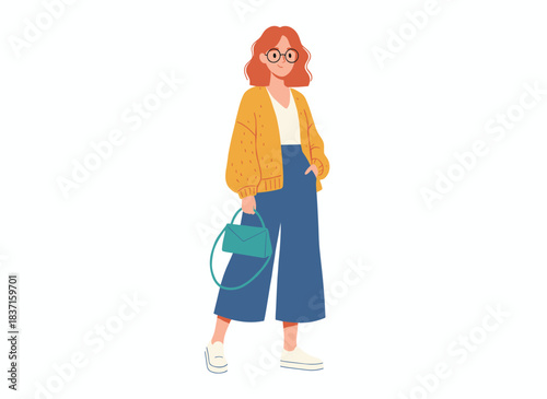 A contemporary young woman in casual attire, sporting a stylish redhead look with a cardigan and culottes, stands alone against a white backdrop in a vibrant flat vector illustration