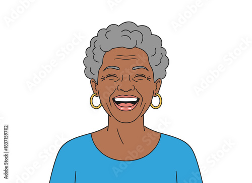 A laughing, smiling, elderly black woman with gray hair and earrings, portrayed as a happy African‑American grandmother in a flat vector illustration on a white background
