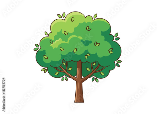 A forest tree featuring a lush, leafy crown and sturdy trunk, depicted as a flat cartoon vector illustration of a deciduous plant with leaves and branches, set against a white background