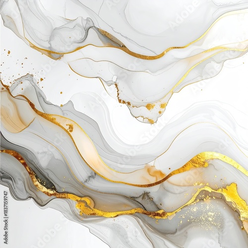 Abstract marbled design with flowing grey and gold lines on white background