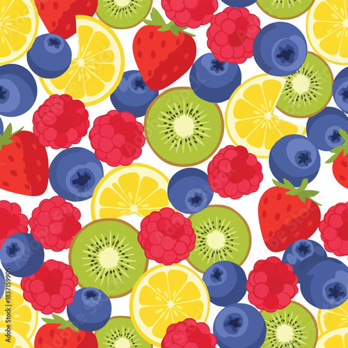 Fruit minimal seamless pattern. Colorful illustration of mixed fruits. Sliced citrus fruits. Berries and tropical fruits. White background. Fresh fruit assortment. Vector design element. Summer fruit