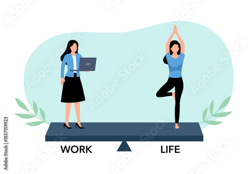 Life and work balance on scales. Woman keep harmony choose between career and money versus health and time, leisure or business. Comparison stress and healthy life, family, love versus job