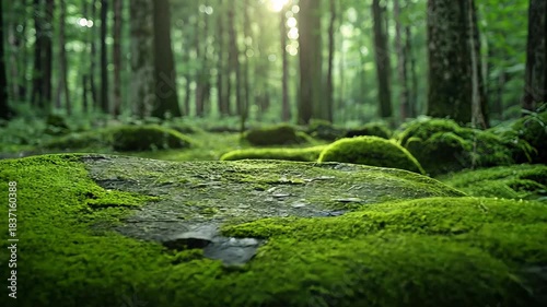 A static shot of a moss-covered stone in a lush green forest with sunlight filtering through the trees.