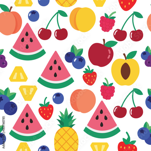 Colorful fruit minimal seamless pattern. Various fruits like watermelon, pineapple, strawberry. Isolated on white background. Summer illustration. Fresh food. Healthy eating. Fruit salad. Sweet
