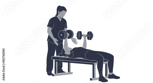 Fitness trainer guides client lifting dumbbells, performing a chest press exercise with assistance in an illustration