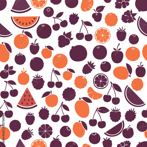 Fruit minimal seamless pattern. Colorful illustration of various fruits. Oranges, apples, cherries, and watermelon slices. Purple and orange colors on white background. Fresh fruit icons. Seamless