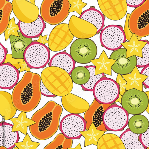 Colorful fruit minimal seamless pattern. Tropical fruits like mango, kiwi, papaya, starfruit, and dragon fruit. Fresh and vibrant illustration. Isolated on white background. Summer and healthy eating