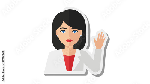 Portrait of a Friendly Woman in a White Lab Coat Waving Hello with a Warm Smile on a Black Background Flat Design Illustration