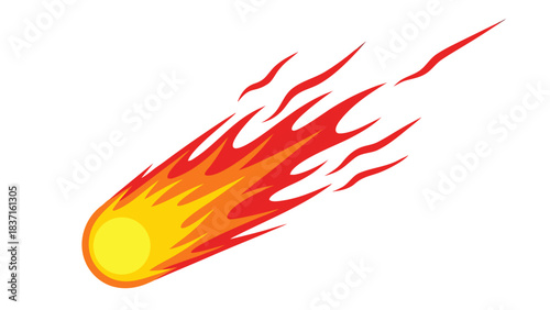 Pixelated fiery meteor streaking across a black background with vibrant orange and yellow flames trailing behind it in a dynamic motion