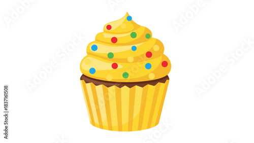 Pixelated Yellow Cupcake With Swirled Frosting and Colorful Sprinkles On Black Background Isolated Sweet Dessert Treat
