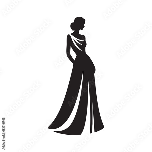 Elegant vector silhouette of a woman in a long black gown posing with beauty and glamour for a wedding or fashion model look