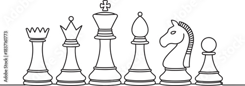 Line art of six standard chess pieces arranged in a horizontal row.