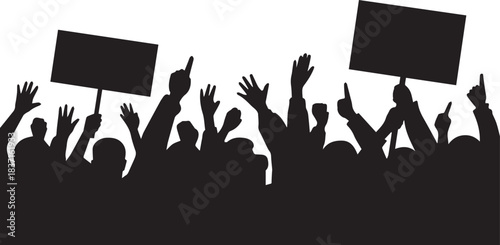 Crowd of Protesters with Banners and Megaphones — Silhouettes Representing Revolution, Unity, and Activism — For Editorial, Social Media, Branding, and Political Campaigns — Editable Vector